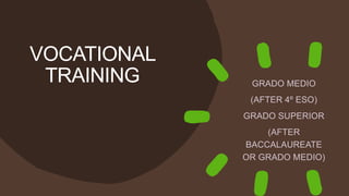 VOCATIONAL
TRAINING GRADO MEDIO
(AFTER 4º ESO)
GRADO SUPERIOR
(AFTER
BACCALAUREATE
OR GRADO MEDIO)
 