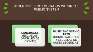 OTHER TYPES OF EDUCATION WITHIN THE
PUBLIC SYSTEM
LANGUAGES
(ESCUELAS
OFICIALES DE
IDIOMAS)
MUSIC AND SCENIC
ARTS
(CONSERVATORIOS
Y ESCUELAS DE
ARTES ESCÉNICAS)
 