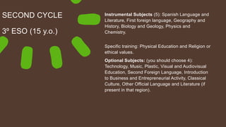SECOND CYCLE
3º ESO (15 y.o.)
Instrumental Subjects (5): Spanish Language and
Literature, First foreign language, Geography and
History, Biology and Geology, Physics and
Chemistry.
Specific training: Physical Education and Religion or
ethical values.
Optional Subjects: (you should choose 4):
Technology, Music, Plastic, Visual and Audiovisual
Education, Second Foreign Language, Introduction
to Business and Entrepreneurial Activity, Classical
Culture, Other Official Language and Literature (if
present in that region).
 