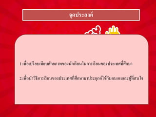 จุดประสงค์
1.เพื่อเปรียบเทียบศักยภาพของนักเรียนในการเรียนของประเทศที่ศึกษา
2.เพื่อนาวิธีการเรียนของประเทศที่ศึกษามาประยุกต์ใช้กับตนเองและผู้ที่สนใจ
 