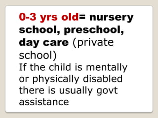 0-3 yrs old= nursery school, preschool, day care (private school)If the child is mentally or physically disabled there is usually govt assistance 