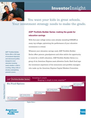 InvestorInsight

                                                 You want your kids in great schools.
                                       Your investment strategy needs to make the grade.

                                                                       AXP® Portfolio Builder Series: making the grade for
                                                                       education savings

                                                                       With four-year college tuition costs already exceeding $100,000 at

                                                                       many top colleges, optimizing the performance of your education

                                                                       investments is critical.

                                                                       Whatever your education savings need, AXP Portfolio Builder
                          AXP® Portfolio Builder
                          Series offers a full range                   Series offers parents, grandparents and other adults the opportunity
                          of investment objectives
                          and risk/reward profiles
                                                                       to invest for a child’s education. AXP Portfolio Builder Series is a
                          designed to meet                             group of six American Express asset allocation funds. Each fund taps
                          education investing
                          needs whether a child is                     the investment experience of the economists and portfolio managers
                          crawling, riding a bike or                   who make up the American Express Capital Markets Committee.
                          already contemplating
                          potential careers.


                                                                              Investing is smart.
                                                                                     Keeping it simple is even smarter.SM

 ▲                          Six Fund Options                                                                                                                    AXP® Portfolio Builder
Higher Return Potential




                                                                                                                                                                Total Equity Fund
                                                                                                                                       AXP® Portfolio Builder
                                                                                                                                       Aggressive Fund
                                                                                                            AXP® Portfolio Builder
                                                                                                            Moderate Aggressive Fund
                                                                                   AXP® Portfolio Builder
                                                                                   Moderate Fund
                                                      AXP® Portfolio Builder
                                                      Moderate Conservative Fund
                             AXP® Portfolio Builder
                             Conservative Fund


                                                                   Higher Risk
                                                                                   ▲
 