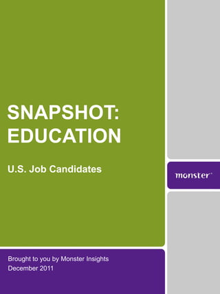 SNAPSHOT:
EDUCATION
U.S. Job Candidates




Brought to you by Monster Insights
December 2011
 