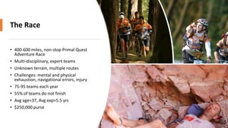 The Race
• 400-600 miles, non-stop Primal Quest
Adventure Race
• Multi-disciplinary, expert teams
• Unknown terrain, multiple routes
• Challenges: mental and physical
exhaustion, navigational errors, injury
• 75-95 teams each year
• 55% of teams do not finish
• Avg age=37, Avg exp=5.5 yrs
• $250,000 purse
 