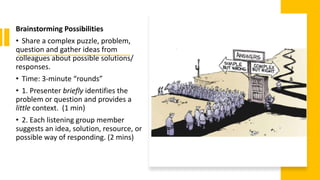 Brainstorming Possibilities
• Share a complex puzzle, problem,
question and gather ideas from
colleagues about possible solutions/
responses.
• Time: 3-minute “rounds”
• 1. Presenter briefly identifies the
problem or question and provides a
little context. (1 min)
• 2. Each listening group member
suggests an idea, solution, resource, or
possible way of responding. (2 mins)
 