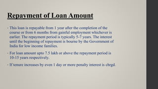 Repayment of Loan Amount
• This loan is repayable from 1 year after the completion of the
course or from 6 months from gainful employment whichever is
earlier. The repayment period is typically 5-7 years. The interest
until the beginning of repayment is bourne by the Government of
India for low income families.
• For loan amount upto 7.5 lakh or above the repayment period is
10-15 years respectively.
• If tenure increases by even 1 day or more penalty interest is chrgd.
 