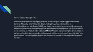 How to Choose the Right MIS?
Administrative decisions are largely governed by data insights, which suggest the student
behavior. Manually interlinking this data & ﬁnding the various relationships is
impossible.However, with Powerful BI Tools, these relationships can be tracked & managed!A
software is built on the understanding of the requirements & consequently the goals it aims to
serve. Similarly, an MIS built after a detailed Market Analysis, incorporating the timely needs of
various institutions & accompanying features could help the organization’s administration get a
global insight. Thus giving a new perspective which could further accelerate growth & student
success.
 