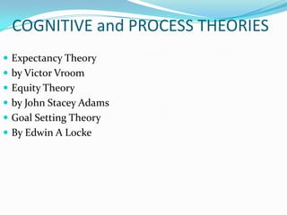 COGNITIVE and PROCESS THEORIES
 Expectancy Theory
 by Victor Vroom
 Equity Theory
 by John Stacey Adams
 Goal Setting Theory
 By Edwin A Locke
 
