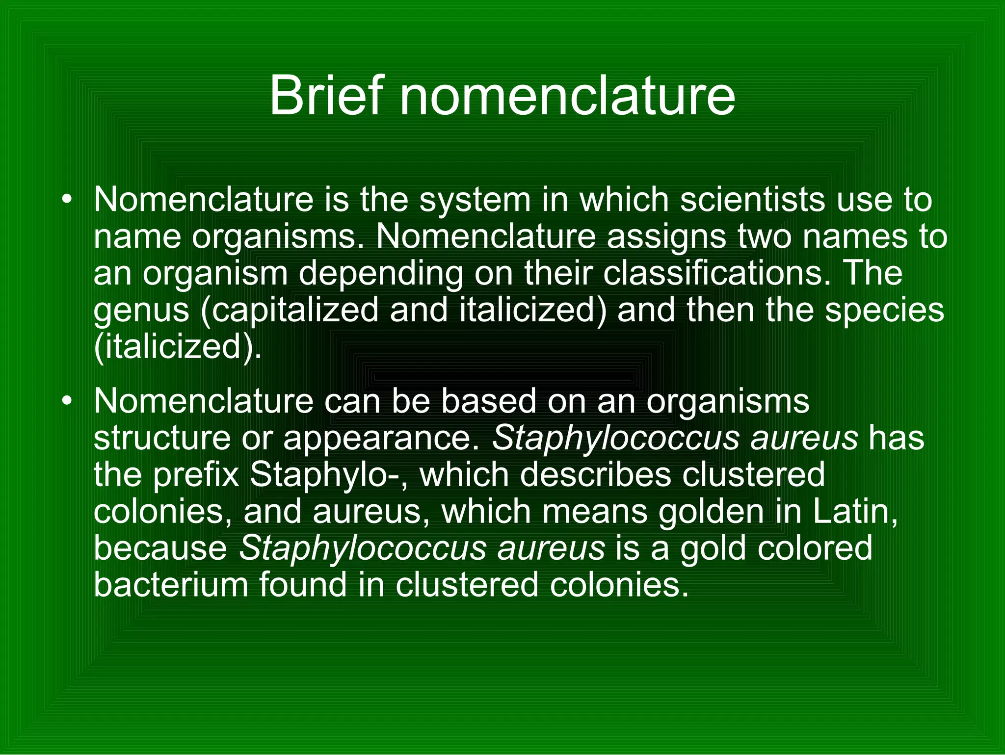 Brief nomenclature Nomenclature is the system in which scientists use to name organisms. Nomenclature assigns two names to an organism depending on their classifications. The genus (capitalized and italicized) and then the species (italicized).  Nomenclature can be based on an organisms structure or appearance.  Staphylococcus aureus  has the prefix Staphylo-, which describes clustered colonies, and aureus, which means golden in Latin, because  Staphylococcus aureus  is a gold colored bacterium found in clustered colonies.  