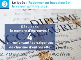 12
3 Le lycée : Redonner au baccalauréat
la valeur qu’il n’a plus
 