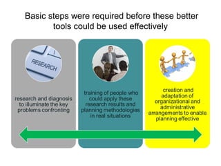 Basic steps were required before these better
tools could be used effectively
 