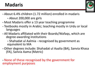Madaris
• About 6.4% children (1.72 million) enrolled in madaris
- About 200,000 are girls
• Most Madaris offer a 13 year teaching programme
• Textbooks mostly in Arabic; teaching mostly in Urdu or local
languages
• All Madaris affiliated with their Boards/Wafaqs, which are
degree-awarding institutions
- Shahadat ul Aalmia - recognised by government as
equivalent to MA
• Other degrees include: Shahadat ul Aaalia (BA), Sanvia Khasa
(FA), Sanvia Aama (Matric)
• None of these recognised by the government for
employment purposes
 