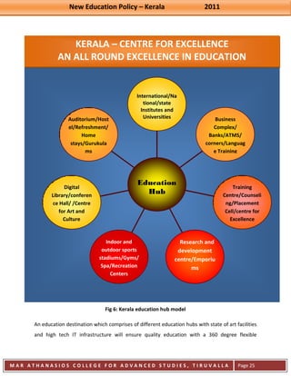 New Education Policy – Kerala 2011 
M A R A T H A N A S I O S C O L L E G E F O R A D V A N C E D S T U D I E S , T I R U V A L L A 
( M A C F A S T ) 
Page 25 
Fig 6: Kerala education hub model 
An education destination which comprises of different education hubs with state of art facilities and high tech IT infrastructure will ensure quality education with a 360 degree flexible 
Auditorium/Hostel/Refreshment/ Home stays/Gurukulams 
Digital Library/conference Hall/ /Centre for Art and Culture 
Indoor and outdoor sports stadiums/Gyms/ Spa/Recreation Centers 
Research and development centre/Emporiums 
Training Centre/Counseling/Placement Cell/centre for Excellence 
Business Complex/ Banks/ATMS/ corners/Language Training 
International/National/state Institutes and Universities 
Education Hub 
KERALA – CENTRE FOR EXCELLENCE 
AN ALL ROUND EXCELLENCE IN EDUCATION  