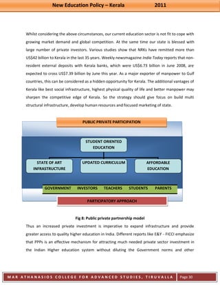 New Education Policy – Kerala 2011 
M A R A T H A N A S I O S C O L L E G E F O R A D V A N C E D S T U D I E S , T I R U V A L L A 
( M A C F A S T ) 
Page 30 
Whilst considering the above circumstances, our current education sector is not fit to cope with growing market demand and global competition. At the same time our state is blessed with large number of private investors. Various studies show that NRKs have remitted more than US$42 billion to Kerala in the last 35 years. Weekly newsmagazine India Today reports that non- resident external deposits with Kerala banks, which were US$6.73 billion in June 2008, are expected to cross US$7.39 billion by June this year. As a major exporter of manpower to Gulf countries, this can be considered as a hidden opportunity for Kerala. The additional vantages of Kerala like best social infrastructure, highest physical quality of life and better manpower may sharpen the competitive edge of Kerala. So the strategy should give focus on build multi structural infrastructure, develop human resources and focused marketing of state. 
Fig 8: Public private partnership model 
Thus an increased private investment is imperative to expand infrastructure and provide greater access to quality higher education in India. Different reports like E&Y - FICCI emphasize that PPPs is an effective mechanism for attracting much needed private sector investment in the Indian Higher education system without diluting the Government norms and other GOVERNMENT INVESTORS TEACHERS STUDENTS PARENTS 
STUDENT ORIENTED EDUCATION 
STATE OF ART INFRASTRUCTURE 
UPDATED CURRICULUM 
AFFORDABLE EDUCATION 
PUBLIC PRIVATE PARTICIPATION 
PARTICIPATORY APPROACH  