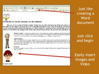 Just like creating a Word document Easily insert Images and Video Just click and begin 