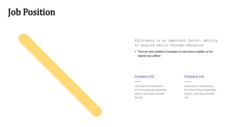 Job Position
Lorem Ipsum is simply dummy
text of the printing and typesetting
industry. Lorem Ipsum has been
type and
Company Ltd.
Lorem Ipsum is simply dummy
text of the printing and typesetting
industry. Lorem Ipsum has been
type
Company Ltd.
Efficiency is an important factor. Ability
to acquire skills through education
 There are many variations of passages of Lorem Ipsum available, but the
majority have suffered
 