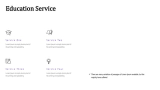 Education Service
S e r v i c e O n e
Lorem Ipsum is simply dummy text of
the printing and typesetting
S e r v i c e Tw o
Lorem Ipsum is simply dummy text of
the printing and typesetting
S e r v i c e T h r e e
Lorem Ipsum is simply dummy text of
the printing and typesetting
S e r v i c e F o u r
Lorem Ipsum is simply dummy text of
the printing and typesetting
 There are many variations of passages of Lorem Ipsum available, but the
majority have suffered
 