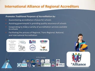 International Alliance of Regional Accreditors

Promotes Traditional Purposes of Accreditation by:
   Guaranteeing accreditation choices for schools
   Assisting governments in providing quality assurance of schools
   Cooperating to make a variety of accreditation services available
    to schools
   Facilitating the process of Regional, Trans-Regional, National,
    and International Accreditation

    The Members
       Of the
    International
     Alliance of
      Regional
     Accreditors:




                                   NCPSA Members
 