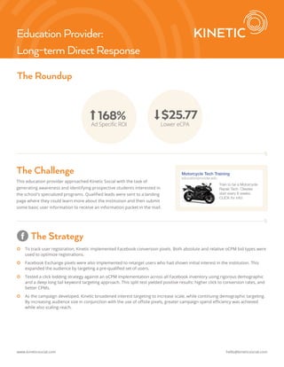 Education Provider: 
Long-term Direct Response 
The Roundup 
168% $25.77 
Ad Specific ROI Lower eCPA 
The Challenge 
This education provider approached Kinetic Social with the task of 
generating awareness and identifying prospective students interested in 
the school’s specialized programs. Qualified leads were sent to a landing 
page where they could learn more about the institution and then submit 
some basic user information to receive an information packet in the mail. 
The Strategy 
Motorcycle Tech Training 
educationprovider.edu 
Train to be a Motorcycle 
Repair Tech. Classes 
start every 6 weeks. 
CLICK for info! 
|| To track user registration, Kinetic implemented Facebook conversion pixels. Both absolute and relative oCPM bid types were 
used to optimize registrations. 
|| Facebook Exchange pixels were also implemented to retarget users who had shown initial interest in the institution. This 
expanded the audience by targeting a pre-qualified set of users. 
|| Tested a click bidding strategy against an oCPM implementation across all Facebook inventory using rigorous demographic 
and a deep long tail keyword targeting approach. This split test yielded positive results: higher click to conversion rates, and 
better CPMs. 
|| As the campaign developed, Kinetic broadened interest targeting to increase scale, while continuing demographic targeting. 
By increasing audience size in conjunction with the use of offsite pixels, greater campaign spend efficiency was achieved 
while also scaling reach. 
www.kineticsocial.com hello@kineticsocial.com 

