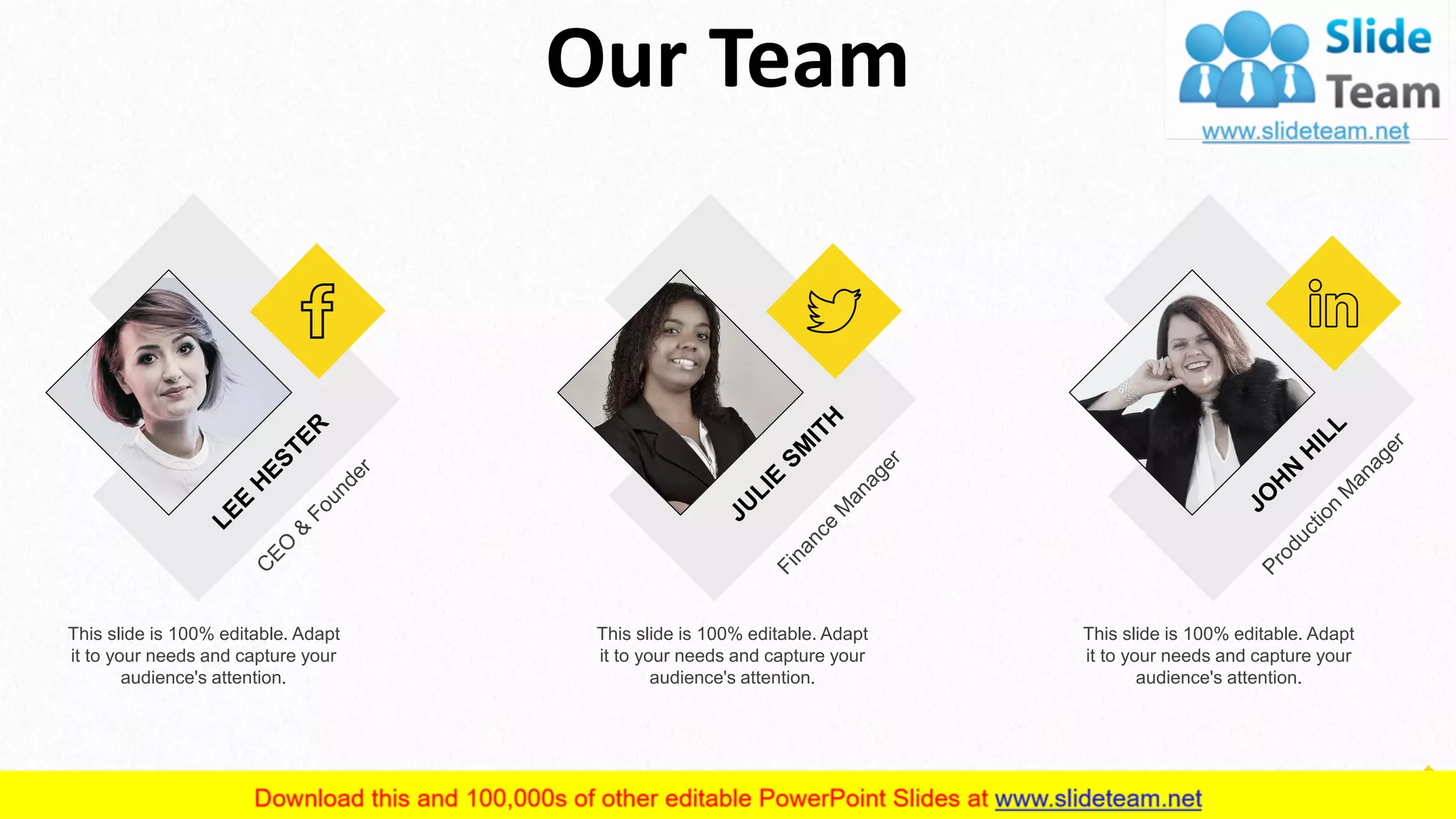 Our Team
This slide is 100% editable. Adapt
it to your needs and capture your
audience's attention.
This slide is 100% editable. Adapt
it to your needs and capture your
audience's attention.
This slide is 100% editable. Adapt
it to your needs and capture your
audience's attention.
11
 