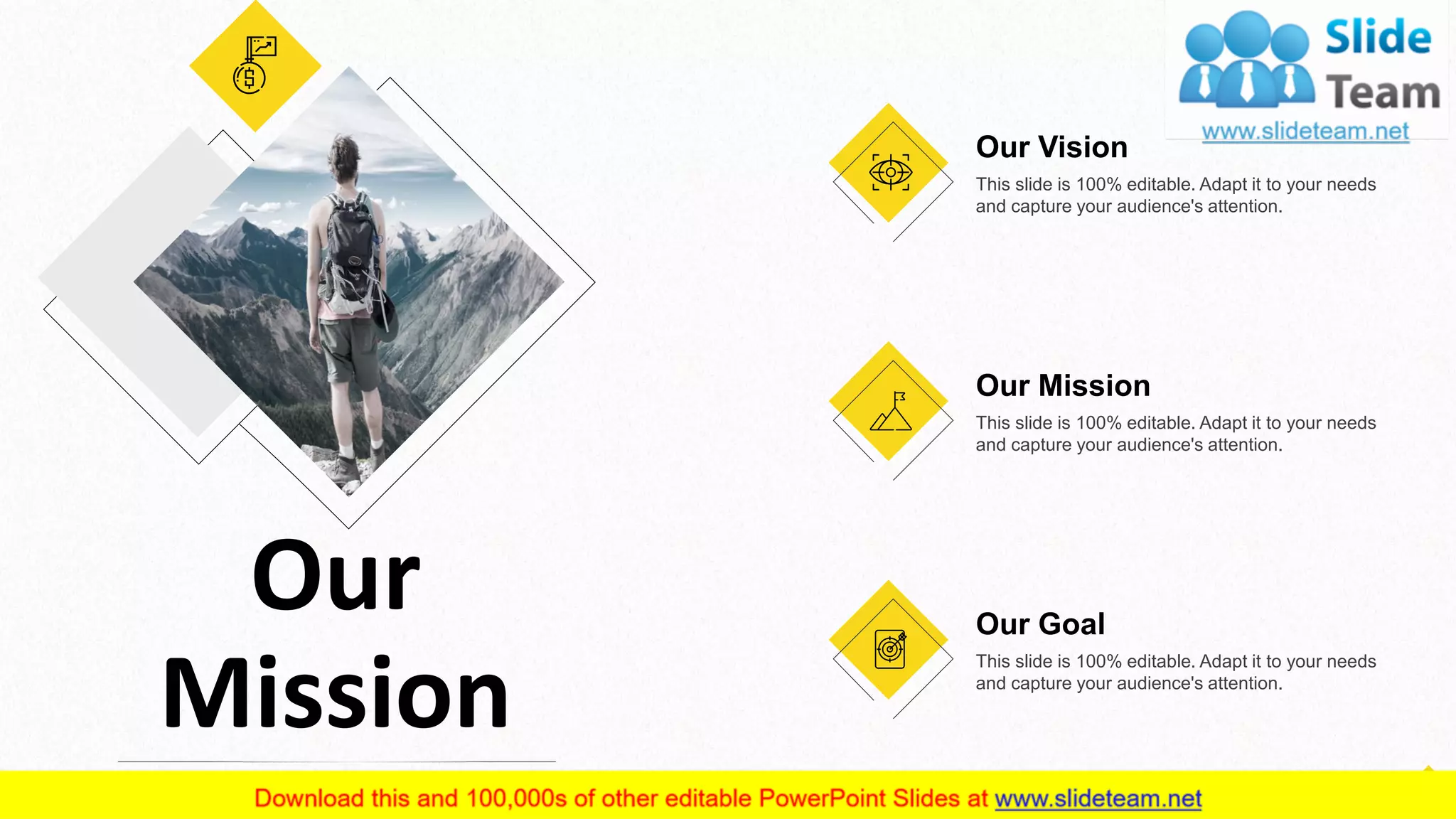 Our
Mission
Our Vision
This slide is 100% editable. Adapt it to your needs
and capture your audience's attention.
Our Mission
This slide is 100% editable. Adapt it to your needs
and capture your audience's attention.
Our Goal
This slide is 100% editable. Adapt it to your needs
and capture your audience's attention.
12
 