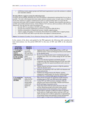 2005, MOET, Lesotho Education Sector Strategic Plan: 2005-2015
________________________________________________________________________
112
o mobilising women support groups and faith based organisations to provide assistance to orphans
and vulnerable children.
Develop effective support systems for infected persons
For those who are already infected by the virus Government is determined to prolong their lives as far as
possible. Not only is this humane but it also makes eminent economic sense: in many cases, it is likely to
be far more expensive to replace a skilled person (such as a school teacher) than it is to provide the
critical anti-retrovirals (ARVs) needed to prolong his or her life. Naturally, these should be provided in a
sensible and carefully planned manner, closely linked to VCT services, and in accordance with the policy
framework. Over the next few years Government will:
o provide ARVs in accordance with HIV and AIDS policy;
o provide micro-nutrient supplements to Persons Living With AIDS (PLWA);
o mobilise communities to expand and increase voluntary support groups;
o improve supply and quality of Community Home Based Care (CHBC) kits to support groups;
o work with NGOs and CBOs to provide advice and support to infected persons.
Source: Government of Lesotho, Poverty Reduction Strategy Paper 2004/05 – 2006/07, Maseru, 2004
In the context of the above and guided by the PRS approach, the following shall constitute the
main interventions over the period 2005-2015 in the area of HIV and AIDS in the education
sector:
STRATEGIC
OBJECTIVES
2005-2015
TARGETS ACTIVITIES
1. Implement those aspects of the National Policy on HIV and
AIDS Prevention, Control and Management that are best handled
by the education sector
2. Review the existing education sector’s institutional needs and
strengthen them with a view to better manage the HIV and AIDS
challenges
3. Review the education legislation and identify gaps that
compromise more direct attention being given to HIV and AIDS
problems and effect the required amendments and/or enact new
legislation
4. Mobilise financial and human resources to fight the pandemic
within the education sector
5. Introduce core-streaming of HIV and AIDS in all education sub-
sectors and activities
1. To strengthen
the education
sector’s
institutional and
policy framework
for HIV and AIDS
interventions
1.1 A well
functioning
HIV and AIDS
institutional and
policy
framework in
place by 2015
6. Establish clear linkages between the Ministry, teachers,
management, students/pupils, the churches, traditional leaders,
and NGOs for a combined fight against the spread of HIV.
1. Make schools focal points for reproductive health education,
including aspects of HIV and AIDS and its link to gender.
2. Conduct HIV and AIDS awareness campaigns within the
education sector based on Knowledge, Attitudes and Practices
(KAP) and Impact Assessment surveys
3. Target interventions (both prevention and care) to the most
severely affected age groups in the school system, paying
particular attention on the minimisation of new infections
2. To combat the
spread of HIV
and AIDS
Significantly
reduce the HIV
infection rate
among pupils/
students and
teachers by
2015
4. Design effective strategies to address the impact on education
service delivery of high teacher attrition rates due to HIV and
AIDS, focusing more on effective approaches to replenishments
of lost human resource and matching of current and projected
teacher supply to rising (current and projected) demand
 