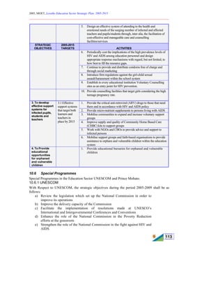 2005, MOET, Lesotho Education Sector Strategic Plan: 2005-2015
________________________________________________________________________
113
5. Design an effective system of attending to the health and
emotional needs of the surging number of infected and affected
teachers and pupils/students through, inter alia, the facilitation of
cost-effective and manageable care and counselling
facilities/services
STRATEGIC
OBJECTIVES
2005-2015
TARGETS ACTIVITIES
6. Periodically cost the implications of the high prevalence levels of
HIV and AIDS among education personnel and design
appropriate response mechanisms with regard, but not limited, to
how best to fill the resource gaps.
7. Continue to provide and distribute condoms free of charge and
through social marketing
8. Introduce firm regulations against the girl-child sexual
assault/harassment within the school system
9. Establish in every educational institution Voluntary Counselling
sites as an entry point for HIV prevention.
10. Provide counselling facilities that target girls considering the high
teenage pregnancy rate.
1. Provide the critical anti-retroviral (ARV) drugs to those that need
them and in accordance with HIV and AIDS policy
2. Provide micro-nutrient supplements to persons living with AIDS
3. Mobilise communities to expand and increase voluntary support
groups
4. Improve supply and quality of Community Home Based Care
(CHBC) kits to support groups
5. Work with NGOs and CBOs to provide advice and support to
infected persons
3. To develop
effective support
systems for
infected pupils,
students and
teachers
3.1 Effective
support systems
that target both
learners and
teachers in
place by 2015
6. Mobilise support groups and faith-based organisations to provide
assistance to orphans and vulnerable children within the education
system
4. To Provide
educational
opportunities
for orphaned
and vulnerable
children
1. Provide educational bursaries for orphaned and vulnerable
children
10.6 Special Programmes
Special Programmes in the Education Sector UNESCOM and Prince Mohato.
10.6.1 UNESCOM
With Respect to UNESCOM, the strategic objectives during the period 2005-2009 shall be as
follows:
a) Review the legislation which set up the National Commission in order to
improve its operations
b) Improve the delivery capacity of the Commission
c) Facilitate the implementation of resolutions made at UNESCO’s
International and Intergovernmental Conferences and Conventions
d) Enhance the role of the National Commission in the Poverty Reduction
efforts at the grassroots
e) Strengthen the role of the National Commission in the fight against HIV and
AIDS
 