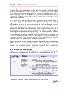 2005, MOET, Lesotho Education Sector Strategic Plan: 2005-2015
________________________________________________________________________
132
teachers’ salaries, instructional materials and infrastructure also designs and develops the
curriculum that is used in schools and sets both policy and standards. This raises legitimate
questions regarding the real meaning of ‘ownership’ of the school system in Lesotho and does
have long-term implications on how the Government’s planned physical expansions of schools to
enhance enrolments could best be handled. It is increasingly becoming obvious that the
operational, if not legislative, relationship between the state and churches with respect to school
operations has to be defined.
In this regard, MOET shall use every opportunity to build and nurture networks among the
cooperating stakeholders in the education sector. Presently, while there exist considerable
opportunity for alliances and more direct forms of interaction among stakeholders in the
education sector, the nature and degree of partnerships are, with a few exceptions, still largely
informal. It is clear that a number of private sector operators have entered the educational sector
but their links to the government system are quite weak. In some cases, the schools are not
registered and, thus, operate illegally. Communities, parents, learners, the private sector, NGOs,
Community-based organisations, faith-based organisations and the country’s cooperating
partners/donors collectively constitute important players in the functional network of educational
service stakeholders. The role of donors is particularly important in this regard. As more and
more cooperating partners enter the educational sector, a better coordinated and harmonized effort
is essential to optimally realize the sector goals. The elaboration of the relationship between the
Government/MOET and owners of schools, particularly church organisations, shall be pursued
during the Strategic Plan period in order to facilitate better partnerships.
The role of the private sector in education and training, focusing on Public-Private-Partnerships
(PPP) in educational services provision shall be enhanced. The role of the private sector in those
areas where the state is expected to assume less of a provisioning and more of a facilitative
function27
shall be enhanced through a combination of incentives and the creation of an
environment conducive for non-state actor entry and operations.
11.4.8 Activities and Target Indicators
Against the above background, the following shall constitute the 2005-2015 Strategic Plan
objectives and activities for planning and monitoring and evaluation interventions of the MOET.
STRATEGIC
OBJECTIVES
2005-2015
TARGETS ACTIVITIES
1. Restructure the Planning Unit and re-name it as Planning
Department
2. Define more clearly the Planning Department’s:
a. institutional functions and line responsibilities
b. the form and extent of its interaction with other
departments/units within MOET.
3. Strengthen the leadership of the Planning Department to
improve its professional support to its key functions
4. Enhancement of technical know-how among its
personnel
5. Recruiting and train additional planners and EMIS staff
1. To build the
planning
capacity of
MOET
1.1 A
restructured,
well-functioning
and effective
Planning
Department in
place by 2007 at
the latest
6. Complete the upgrading of EMIS, e.g. the Educational
Geographical Information System (EGIS) and the
Educational Facilities Management Facilities
27
These include in the main TVET, IECCD, Lifelong Learning and higher education.
 