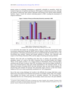 2005, MOET, Lesotho Education Sector Strategic Plan: 2005-2015
________________________________________________________________________
16
present system of evaluating examinations is potentially vulnerable to anomalies, which has
resulted in high rates of repetition and dropouts. With regard to infrastructure provision, although
the situation is improving, many schools, especially at the primary level, still go without adequate
facilities. Figure 1 shows the schools ownership pattern in 2003, revealing the dominance of
religious institutions.
Figure 1: Number of Primary and Secondary Schools by ownership in 2002
0.0
5.0
10.0
15.0
20.0
25.0
30.0
35.0
40.0
Primary 5.3 4.0 35.9 38.0 13.2 1.8 3.6 0.1
Secondary 3.3 5.8 31.9 35.4 14.2 2.2 4.9 0.4
Government Community
Lesotho
Evangelical
Church
Roman Catholic
Church
Anglican Church
of Lesotho
Methodist Other Unknown
Source: Ministry of Education and Training, Lesotho’s
Education Statistics Bulletin, 1999-2003, Maseru, Planning Unit, Vol. 1.2003
It is noteworthy that despite the ownership pattern, almost all education personnel fall under
Government employment through the MOET and are obliged to follow the Government’s rules
and regulations. All teachers government payroll are recruited through the Teaching Service. The
Government pays teachers’ salaries and extends subsidies to learners’ fees, especially with
respect to Free Primary Education (FPE), and the supply of teaching and learning materials.
Statistics show that girls are benefiting more than boys in primary and secondary school
attendance mainly as a result of the latter’s historical role as livestock herders (see Chapter
Three). In this regard, Lesotho is in a unique position in Sub-Saharan Africa of having higher
enrolment rates for girls in schools. Since FPE, nevertheless, there has been higher enrolment of
boys in the lowland districts while girls remain preponderant in the mountain schools. At the
National University of Lesotho (NUL), the only university, there are more female students (55
percent) than male students (45 percent). One noteworthy aspect, however, is that most female
students at NUL are in what are generally considered to be ‘soft’ programmes.2
One of the most vexing challenges for Lesotho is the difficulty the average child from a poor
family faces with respect to the transition from primary to secondary school. Only 73% of pupils
who complete the primary cycle proceed to secondary education. The Government has
established that the cost of both primary and secondary school access has in the past inhibited
2
66 percent of those enrolled in the Faculty of education are women. Similarly, they constitute 55 percent of the
enrolment in the Faculty of Social Sciences On the other hand, male students dominate the faculties of Law (52
percent), Science (72 percent) and Agriculture (66 percent)
 