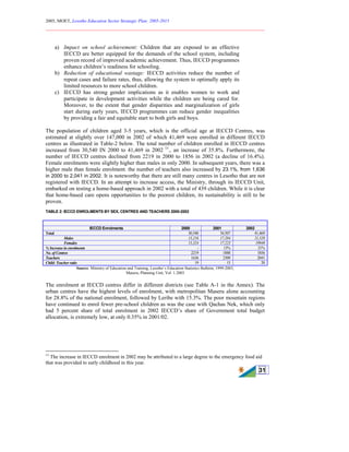 2005, MOET, Lesotho Education Sector Strategic Plan: 2005-2015
________________________________________________________________________
31
a) Impact on school achievement: Children that are exposed to an effective
IECCD are better equipped for the demands of the school system, including
proven record of improved academic achievement. Thus, IECCD programmes
enhance children’s readiness for schooling.
b) Reduction of educational wastage: IECCD activities reduce the number of
repeat cases and failure rates, thus, allowing the system to optimally apply its
limited resources to more school children.
c) IECCD has strong gender implications as it enables women to work and
participate in development activities while the children are being cared for.
Moreover, to the extent that gender disparities and marginalization of girls
start during early years, IECCD programmes can reduce gender inequalities
by providing a fair and equitable start to both girls and boys.
The population of children aged 3-5 years, which is the official age at IECCD Centres, was
estimated at slightly over 147,000 in 2002 of which 41,469 were enrolled in different IECCD
centres as illustrated in Table-2 below. The total number of children enrolled in IECCD centres
increased from 30,540 IN 2000 to 41,469 in 2002 13
., an increase of 35.8%. Furthermore, the
number of IECCD centres declined from 2219 in 2000 to 1856 in 2002 (a decline of 16.4%).
Female enrolments were slightly higher than males in only 2000. In subsequent years, there was a
higher male than female enrolment. the number of teachers also increased by 23.1%, from 1,636
in 2000 to 2,041 in 2002. It is noteworthy that there are still many centres in Lesotho that are not
registered with IECCD. In an attempt to increase access, the Ministry, through its IECCD Unit,
embarked on testing a home-based approach in 2002 with a total of 439 children. While it is clear
that home-based care opens opportunities to the poorest children, its sustainability is still to be
proven.
TABLE 2: IECCD ENROLMENTS BY SEX, CENTRES AND TEACHERS 2000-2002
IECCD Enrolments 2000 2001 2002
Total 30,540 34,507 41,469
Males 15,216 17,284 21,520
Females 15,324 17,223 19949
% Increase in enrolments - 13% 21%
No. of Centres 2219 1888 1856
Teachers 1636 2309 2041
Child: Teacher ratio 19 15 20
Source: Ministry of Education and Training, Lesotho’s Education Statistics Bulletin, 1999-2003,
Maseru, Planning Unit, Vol. 1.2003
The enrolment at IECCD centres differ in different districts (see Table A-1 in the Annex). The
urban centres have the highest levels of enrolment, with metropolitan Maseru alone accounting
for 28.8% of the national enrolment, followed by Leribe with 15.3%. The poor mountain regions
have continued to enrol fewer pre-school children as was the case with Qachas Nek, which only
had 5 percent share of total enrolment in 2002 IECCD’s share of Government total budget
allocation, is extremely low, at only 0.35% in 2001/02.
13
The increase in IECCD enrolment in 2002 may be attributed to a large degree to the emergency food aid
that was provided to early childhood in this year.
 
