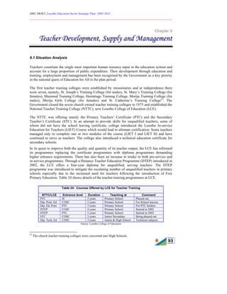 2005, MOET, Lesotho Education Sector Strategic Plan: 2005-2015
________________________________________________________________________
93
Chapter 9
Teacher Development, Supply and Management
9.1 Situation Analysis
Teachers constitute the single most important human resource input in the education system and
account for a large proportion of public expenditure. Their development through education and
training, employment and management has been recognised by the Government as a key priority
in the national quest of Education for All in the plan period.
The first teacher training colleges were established by missionaries and at independence there
were seven, namely, St. Joseph’s Training College (for males), St. Mary’s Training College (for
females), Mazenod Training College, Hermitage Training College, Morija Training College (for
males), Morija Girls College (for females) and St. Catherine’s Training College23
. The
Government closed the seven church owned teacher training colleges in 1975 and established the
National Teacher Training College (NTTC), now Lesotho College of Education (LCE).
The NTTC was offering mainly the Primary Teachers’ Certificate (PTC) and the Secondary
Teacher’s Certificate (STC). In an attempt to provide skills for unqualified teachers, some of
whom did not have the school leaving certificate, college introduced the Lesotho In-service
Education for Teachers (LIET) Course which would lead to ultimate certification. Some teachers
managed only to complete one or two modules of the course (LIET I and LIET II) and have
continued to serve as teachers. The college also introduced a technical education certificate for
secondary schools.
In its quest to improve both the quality and quantity of its teacher output, the LCE has reformed
its programmes replacing the certificate programmes with diploma programmes demanding
higher entrance requirements. There has also been an increase in intake in both pre-service and
in-service programmes. Through a Distance Teacher Education Programme (DTEP) introduced in
2002, the LCE offers a four-year diploma for unqualified, serving teachers. The DTEP
programme was introduced to mitigate the escalating number of unqualified teachers in primary
schools especially due to the increased need for teachers following the introduction of Free
Primary Education. Table 24 shows details of the teacher training programmes at LCE.
Table 24: Courses Offered by LCE for Teacher Training
NTTC/LCE Entrance level Duration Teaching at Comment
PTC JC 3 years Primary School Phased out
Dip. Prim. Ed COSC 3 years Primary School For School leavers
Dip. Ed. Prim PTC 3 years Primary School For PTC holders
DTEP COSC 4 years Primary School Started in 2002
DTEP PTC 3 years Primary School Started in 2003
STC COSC 3 years Junior Secondary Being phased out
Dip. Tech. Ed COSC 3 years Junior & High School Technical subjects
Source: Lesotho College of Education
23
The church teacher-training colleges were converted into High Schools.
 