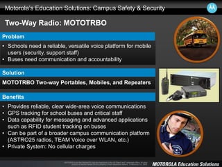 MOTOROLA and the Stylized M Logo are registered in the US Patent and Trademark Office. All other
product or service names are the property of their respective owners. © Motorola, Inc. 2008.
Motorola’s Education Solutions: Campus Safety & Security
Two-Way Radio: MOTOTRBO
Problem
• Schools need a reliable, versatile voice platform for mobile
users (security, support staff)
• Buses need communication and accountability
Solution
Benefits
• Provides reliable, clear wide-area voice communications
• GPS tracking for school buses and critical staff
• Data capability for messaging and advanced applications
such as RFID student tracking on buses
• Can be part of a broader campus communication platform
(ASTRO25 radios, TEAM Voice over WLAN, etc.)
• Private System: No cellular charges
MOTOTRBO Two-way Portables, Mobiles, and Repeaters
 