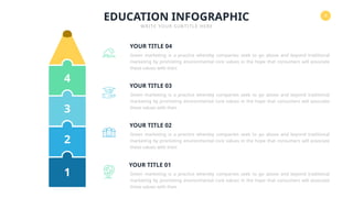 6
EDUCATION INFOGRAPHIC
WRITE YOUR SUBTITLE HERE
1
2
3
4
YOUR TITLE 04
Green marketing is a practice whereby companies seek to go above and beyond traditional
marketing by promoting environmental core values in the hope that consumers will associate
these values with their.
YOUR TITLE 03
Green marketing is a practice whereby companies seek to go above and beyond traditional
marketing by promoting environmental core values in the hope that consumers will associate
these values with their.
YOUR TITLE 02
Green marketing is a practice whereby companies seek to go above and beyond traditional
marketing by promoting environmental core values in the hope that consumers will associate
these values with their.
YOUR TITLE 01
Green marketing is a practice whereby companies seek to go above and beyond traditional
marketing by promoting environmental core values in the hope that consumers will associate
these values with their.
 