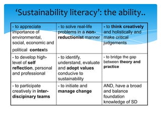 ‘Sustainability literacy’: the ability..
- to appreciate      - to solve real-life    - to think creatively
importance of        problems in a non-      and holistically and
environmental,       reductionist manner     make critical
social, economic and                         judgements
political contexts
- to develop high-     - to identify,       - to bridge the gap
level of self          understand, evaluate between theory and
reflection, personal   and adopt values     practice
and professional       conducive to
                       sustainability
- to participate       - to initiate and     AND, have a broad
creatively in inter-   manage change         and balance
discipinary teams                            foundation
                                             knowledge of SD
 