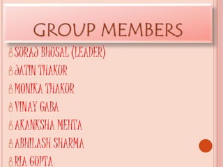 GROUP MEMBERS
SURAJ BHUSAL (LEADER)
JATIN THAKUR
MONIKA THAKUR
VINAY GABA
AKANKSHA MEHTA
ABHILASH SHARMA
RIA GUPTA
 