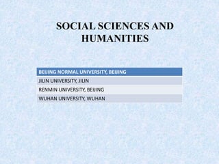 SOCIAL SCIENCES AND
HUMANITIES
BEIJING NORMAL UNIVERSITY, BEIJING
JILIN UNIVERSITY, JILIN
RENMIN UNIVERSITY, BEIJING
WUHAN UNIVERSITY, WUHAN
 