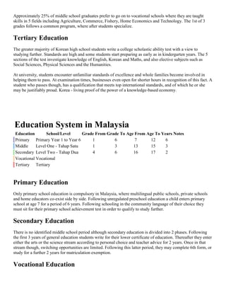 Approximately 25% of middle school graduates prefer to go on to vocational schools where they are taught
skills in 5 fields including Agriculture, Commerce, Fishery, Home Economics and Technology. The 1st of 3
grades follows a common program, where after students specialize.
Tertiary Education
The greater majority of Korean high school students write a college scholastic ability test with a view to
studying further. Standards are high and some students start preparing as early as in kindergarten years. The 5
sections of the test investigate knowledge of English, Korean and Maths, and also elective subjects such as
Social Sciences, Physical Sciences and the Humanities.
At university, students encounter unfamiliar standards of excellence and whole families become involved in
helping them to pass. At examination times, businesses even open for shorter hours in recognition of this fact. A
student who passes though, has a qualification that meets top international standards, and of which he or she
may be justifiably proud. Korea - living proof of the power of a knowledge-based economy.
Education System in Malaysia
Education School/Level Grade From Grade To Age From Age To Years Notes
Primary Primary Year 1 to Year 6 1 6 7 12 6
Middle Level One - Tahap Satu 1 3 13 15 3
Secondary Level Two - Tahap Dua 4 6 16 17 2
Vocational Vocational
Tertiary Tertiary
Primary Education
Only primary school education is compulsory in Malaysia, where multilingual public schools, private schools
and home educators co-exist side by side. Following unregulated preschool education a child enters primary
school at age 7 for a period of 6 years. Following schooling in the community language of their choice they
must sit for their primary school achievement test in order to qualify to study further.
Secondary Education
There is no identified middle school period although secondary education is divided into 2 phases. Following
the first 3 years of general education students write for their lower certificate of education. Thereafter they enter
either the arts or the science stream according to personal choice and teacher advice for 2 years. Once in that
stream though, switching opportunities are limited. Following this latter period, they may complete 6th form, or
study for a further 2 years for matriculation exemption.
Vocational Education
 