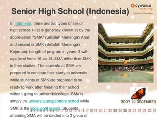 Senior High School (Indonesia)In Indonesia, there are two types of senior high school. First is generally known as by the abbreviation "SMA" (SekolahMenengahAtas) and second is SMK (SekolahMenengahKejuruan). Length of program in years: 3 with age level from: 16 to: 18. SMA differ than SMK in their studies. The students at SMA are prepared to continue their study to university while students of SMK are prepared to be ready to work after finishing their school without going to university/college. SMA is simply the university-preparatory school while SMK is the vocational school. Students attending SMA will be divided into 3 group of studies in their 11th grade, i.e. Science, Social studies, and Linguistic. 