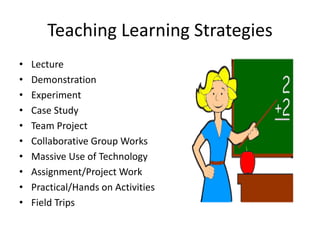 Teaching Learning Strategies
• Lecture
• Demonstration
• Experiment
• Case Study
• Team Project
• Collaborative Group Works
• Massive Use of Technology
• Assignment/Project Work
• Practical/Hands on Activities
• Field Trips
 