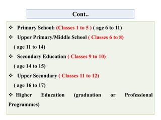 Cont..
 Primary School: (Classes 1 to 5 ) ( age 6 to 11)
 Upper Primary/Middle School ( Classes 6 to 8)
( age 11 to 14)
 Secondary Education ( Classes 9 to 10)
( age 14 to 15)
 Upper Secondary ( Classes 11 to 12)
( age 16 to 17)
 Higher Education (graduation or Professional
Programmes)
 