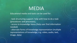 Educational media and tools can be used for:
- task structuring support: help with how to do a task
(procedures and processes),
- access to knowledge bases (help user find information
needed)
- alternate forms of knowledge representation (multiple
representations of knowledge, e.g. video, audio, text,
image, data)
MEDIA
 