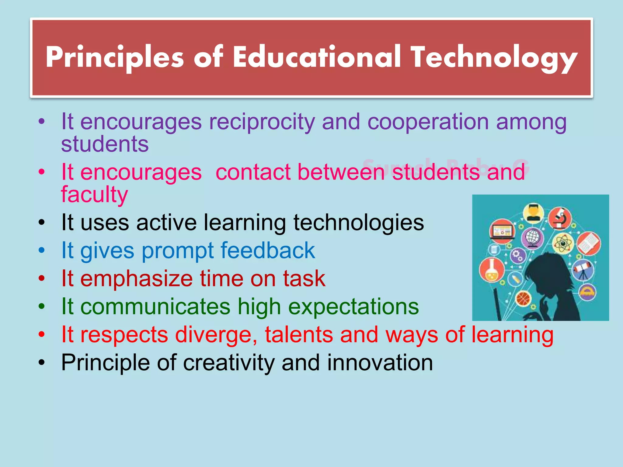 Suresh Babu G
Principles of Educational Technology
• It encourages reciprocity and cooperation among
students
• It encourages contact between students and
faculty
• It uses active learning technologies
• It gives prompt feedback
• It emphasize time on task
• It communicates high expectations
• It respects diverge, talents and ways of learning
• Principle of creativity and innovation
 
