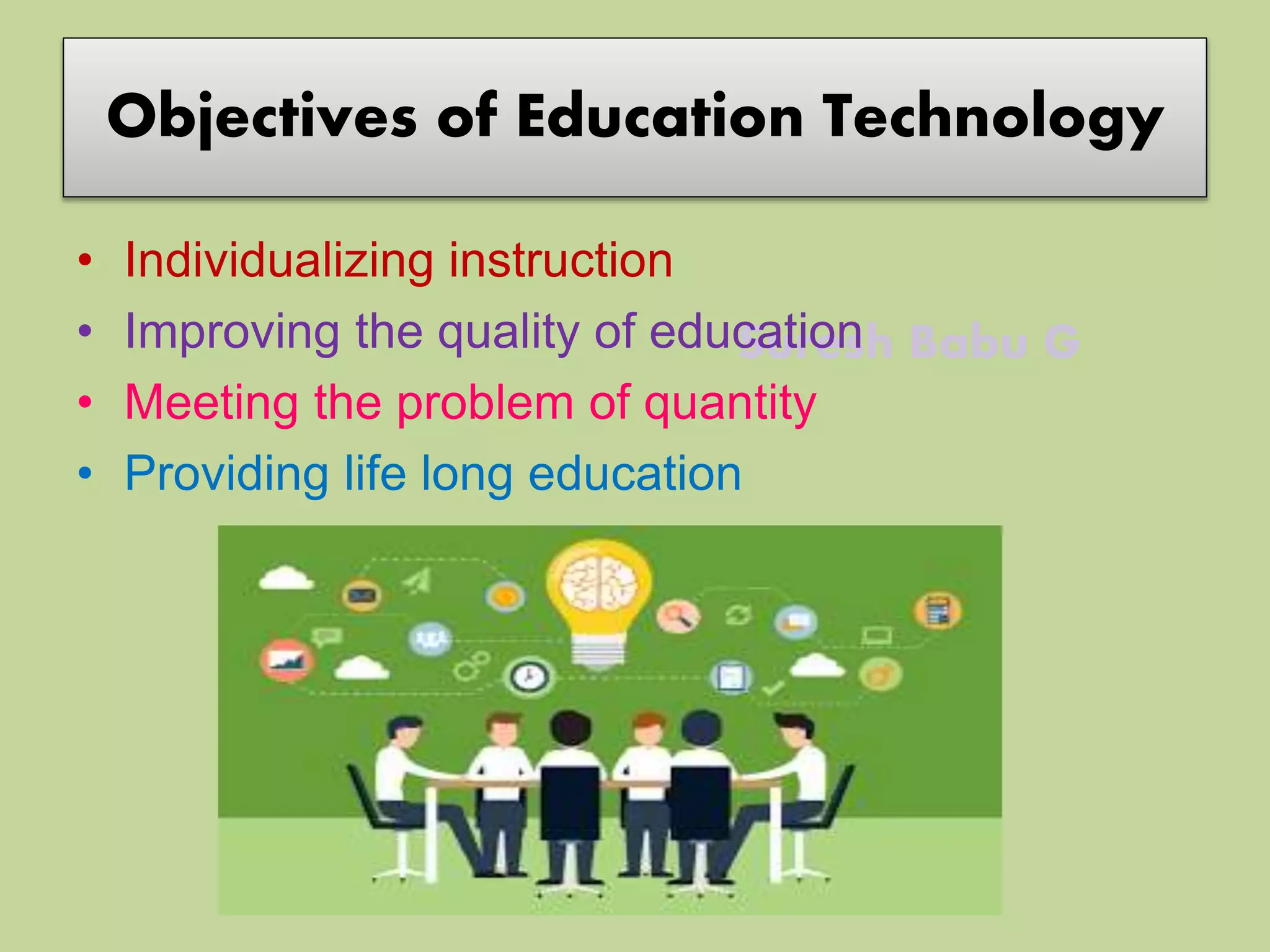 Suresh Babu G
Objectives of Education Technology
• Individualizing instruction
• Improving the quality of education
• Meeting the problem of quantity
• Providing life long education
 