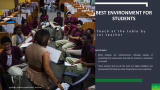 BEST ENVIRONMENT FOR
STUDENTS
Lack of desire
• Many students are underachievers; although capable of
completing their school work, they lack the initiative or motivation
to succeed
• These students that can do the work, are highly intelligent, but
have decided that there are other things that are more important.
T e a c h a t t h e t a b l e b y
J n r t e a c h e r
sg obaje, anatomy department, ae-funai 9
 