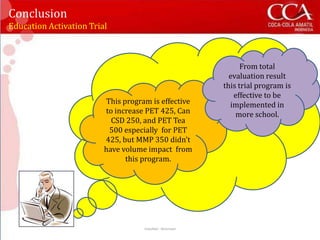 Conclusion
Education Activation Trial



                                                                    From total
                                                                evaluation result
                                                              this trial program is
                                                                 effective to be
                         This program is effective              implemented in
                         to increase PET 425, Can                 more school.
                           CSD 250, and PET Tea
                          500 especially for PET
                         425, but MMP 350 didn’t
                         have volume impact from
                               this program.




                                    Classified - Restricted
 