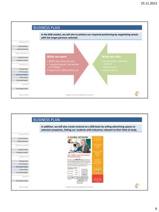 25.11.2013
9
BUSINESS PLAN
26.11.2013 Global University Network Project
In the B2B market, we will aim to achieve our required positioning by negotiating wisely
with the target partners selected.
INTRODUCTION
Vision & Mission
Market Positioning
MARKET EVALUATION
History & Trends
Competitor Analysis
BUSINESSPLAN
Strategic Goals
STP-Framework
Marketing Strategies
Rollout Model
Financing& Budgets
OUTLOOK
Future Opportunities
What we want
• €2000 avg tuition per year
• 1 degree program per partner
uni to begin
• Capacity for 1000 students pa
What we offer
• Good reach to potential
students
• Clean process
• Quality Service
BUSINESS PLAN
26.11.2013 Global University Network Project
In addition, we will also create revenue on a B2B basis by selling advertising spaces to
selected companies, linking our students with industries relevant to their field of study.
INTRODUCTION
Vision & Mission
Market Positioning
MARKET EVALUATION
History & Trends
Competitor Analysis
BUSINESSPLAN
Strategic Goals
STP-Framework
Marketing Strategies
Rollout Model
Financing& Budgets
OUTLOOK
Future Opportunities
 