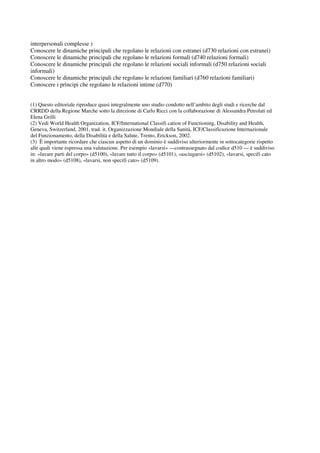 interpersonali complesse )
Conoscere le dinamiche principali che regolano le relazioni con estranei (d730 relazioni con estranei)
Conoscere le dinamiche principali che regolano le relazioni formali (d740 relazioni formali)
Conoscere le dinamiche principali che regolano le relazioni sociali informali (d750 relazioni sociali
informali)
Conoscere le dinamiche principali che regolano le relazioni familiari (d760 relazioni familiari)
Conoscere i principi che regolano le relazioni intime (d770)
(1) Questo editoriale riproduce quasi integralmente uno studio condotto nell’ambito degli studi e ricerche dal
CRRDD della Regione Marche sotto la direzione di Carlo Ricci con la collaborazione di Alessandra Petrolati ed
Elena Grilli
(2) Vedi World Health Organization, ICF/International Classifi cation of Functioning, Disability and Health,
Geneva, Switzerland, 2001, trad. it. Organizzazione Mondiale della Sanità, ICF/Classificazione Internazionale
del Funzionamento, della Disabilità e della Salute, Trento, Erickson, 2002.
(3) È importante ricordare che ciascun aspetto di un dominio è suddiviso ulteriormente in sottocategorie rispetto
alle quali viene espressa una valutazione. Per esempio «lavarsi» —contrassegnato dal codice d510 — è suddiviso
in: «lavare parti del corpo» (d5100), «lavare tutto il corpo» (d5101), «asciugarsi» (d5102), «lavarsi, specifi cato
in altro modo» (d5108), «lavarsi, non specifi cato» (d5109).
 