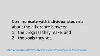 3 questions that drive feedback students give themselves:
1. Where do I want to go?
2. Where am I now?
3. What do I do now to get to where I want to go?
Adapted from
http://www.edweek.org/ew/articles/2015/11/11/students-self-assess-their-way-to-learning.html
 