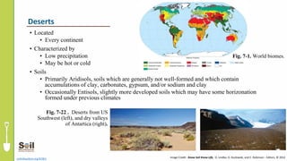 • Located
• Every continent
• Characterized by
• Low precipitation
• May be hot or cold
• Soils
• Primarily Aridisols, soils which are generally not well-formed and which contain
accumulations of clay, carbonates, gypsum, and/or sodium and clay
• Occasionally Entisols, slightly more developed soils which may have some horizonation
formed under previous climates
soils4teachers.org/KSKL
Deserts
Image Credit: Know Soil Know Life, D. Lindbo, D. Kozlowski, and C. Robinson - Editors, © 2012
Fig. 7-22 . Deserts from US
Southwest (left), and dry valleys
of Antartica (right).
Fig. 7-1. World biomes.
 
