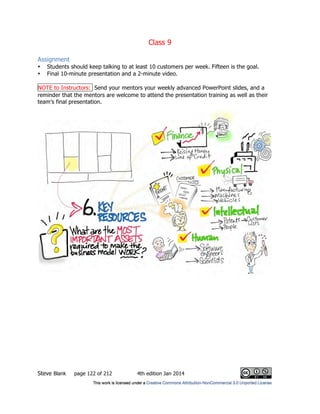 Class 9
Steve Blank page 122 of 212 4th edition Jan 2014
Assignment
• Students should keep talking to at least 10 customers per week. Fifteen is the goal.
• Final 10-minute presentation and a 2-minute video.
NOTE to Instructors: Send your mentors your weekly advanced PowerPoint slides, and a
reminder that the mentors are welcome to attend the presentation training as well as their
team’s final presentation.
 